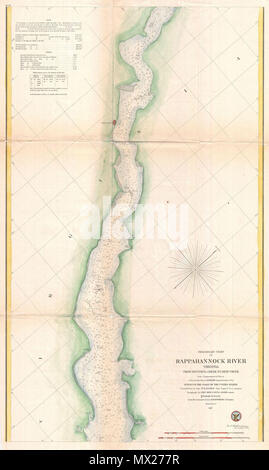 . Vorläufiger Plan der Rappahannock River Virginia aus Occupacia Creek zu Deep Creek. Englisch: Eine attraktive Handcolorierte 1857 US-Küstenwache nautische Karte oder Karte von Virginia's Rappahannock River. Deckt der Kurs der Rappahannock River von Occupacia Creek zu Deep Creek. Bietet unzählige Tiefenangaben und navigatorischen Noten, aber wenig landeinwärts Detail. Es ist jedoch der Stadt Tappahannock in dem westlichen Ufer zu identifizieren. Der Rappahannock River, die nach Westen in Virginia erstreckt sich von der südlichen Teil der Chesapeake Bay, wurde ein wichtiges Handels Arterie und Grenze seit der e Stockfoto