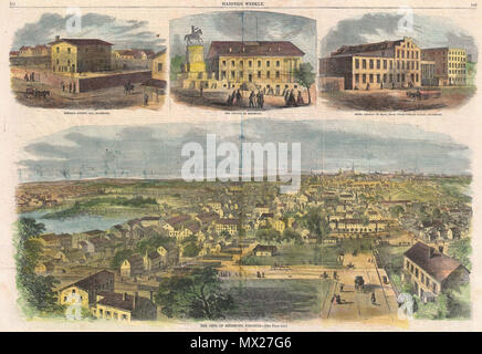 . Die Stadt von Richmond, Virginia. Englisch: Dies ist eine seltene und attraktive Aussicht von Richmond, Virginia in der Mai Ausgabe 1862 von Harper's Weekly gedruckt. Zeigt Richmond kurz nach wurde es von der Union Armee nahe Ende der Halbinsel Kampagne während des Amerikanischen Bürgerkriegs beschlagnahmt. Union Truppen marschieren gezeigt, der Hauptstraßen nach oben und unten. Über der richtigen gibt es drei kleinere Ansichten, Henrico County Gefängnis, das Kapitol, und der Rebel Gefängnisse auf der Main Street. . 1862 (veraltet) 9 1862 Harper's Weekly Bürgerkrieg Ansicht von Richmond, Virginia - Geographicus - Richmond - harpersweekly-1862 Stockfoto
