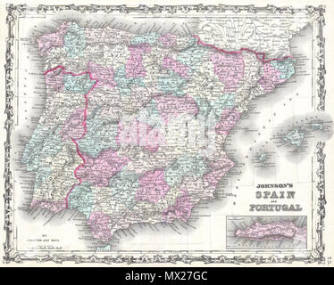 . Johnson's Spanien und Portugal. Englisch: Dies ist Johnson und Ward's Karte 1862 von Spanien und Portugal. Abdeckungen der Region mit besonderem Augenmerk auf Transport, Städte und Flüsse. Unterer rechter Quadrant hat eine Übersichtkarte von Gibraltar. Enthält die Baleareninsel Ibiza, Mallorca und Menorca. Mit der Multifunktionsleiste stil Grenze gemeinsame zu Johnson von Atlas Arbeiten von 1860 bis 1862. Stahlplatte Gravur von A.J.Johnson für die Veröffentlichung als Platte Nr. vorbereitet 75 In der Ausgabe 1862 seines neuen Bildatlas… Dies ist die erste Ausgabe des Johnson Atlas der Johnson und Ward zu tragen impri Stockfoto