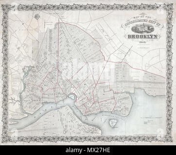 . Karte von der konsolidierten Stadt von Brooklyn. Englisch: Eine äußerst seltene erste Ausgabe von Henry McCloskey von 1863 pocket Karte der Stadt von Brooklyn, New York. In der Mitte des 19. Jahrhunderts, die durch die Einführung der Steam Fähre, die Überquerung des East River praktische getankt, Kings County, erlebten eine massive Bevölkerung platzen. Reiche und Arme waren schnell das Schmutzige und klaustrophobisch Manhattan für dann Vorort landet, nur durch den East River zu verzichten. 1855 die Gemeinschaften von Brooklyn, Greenpoint, Bushwick und Williamsburg wurden durch den Staat New York in eine große Stadt konsolidierte, m Stockfoto