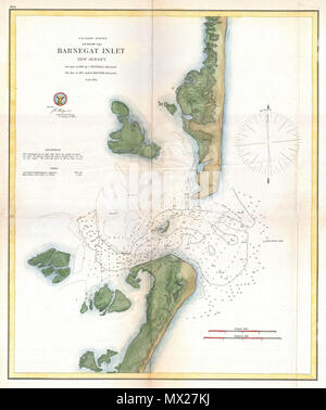 . Barnegat Einlass, New Jersey. Englisch: Dies ist der US-Küstenwache attraktive 1865 Karte von Barnegat Einlass, New Jersey. Barnegat Einlass ist die Öffnung zwischen den New Jersey Barrier Islands von Long Beach Island und Island Beach State Park. Historisch wichtige Einlass erlaubt Schiffen den Zugang zu wichtigen Barnegat Bay Häfen wie Toms River. Die Karte bietet eine hervorragende Detail sowohl im Binnenland und auf See. Erkennt Barnegat Leuchtturm, der noch steht, sowie zahlreiche Schiffswrack Websites, Bojen, und Tiefenmessungen. Dieses Diagramm wurde von C. und R. E. Fendall Halfter befragt. Produk Stockfoto