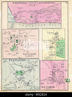 . Unionville Guntherville, Stadt von Gravesend, Kings Co - Gravesend, Stadt von Gravesend, Kings Co-Teil der Stadt von Gravesend, Kings Co-Flachland, Stadt Flatlands, Kings Co - Neue Utrecht, Tn Neuer Utrecht, Kings Co. Englisch: ein knappes Beispiel von Friedrich W. Beers Karte der Gemeinschaften von Unionville, Guntherville, Gravesend, Flachland und neue Utrecht, Brooklyn, New York City. Fünf Karten auf einem Blatt. Zeigt den Prospect Park Messegelände in Gravesend. Im Jahr 1873 veröffentlicht. Detaillierte auf der Ebene der einzelnen Grundstücke und Gebäude mit Grundeigentümer festgestellt. Dies ist wahrscheinlich der beste Atlas m Stockfoto