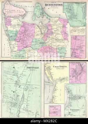 . Stadt von Huntington, Suffolk, Co - Amityville, Stadt von Huntington, Suffolk, Co - kalter Frühling, Stadt von Huntington, Suffolk Co. Englisch: ein knappes Beispiel von Friedrich W. Beers Karte von Huntington, Long Island, New York. Im Jahr 1873 veröffentlicht. Deckt die Huntington Bereich von Cold Spring Harbor ostwärts Vergangenheit West Hals, Nacken, in Huntington Harbour, wenig Hals, zur großen Hals und Commac. Kartenausschnitte detail Centerport, Vernon Valley, und North Babylon. Verso verfügt über Stadt Pläne von Amityville, kalter Frühling, in Huntington Harbour, Northport und Deer Park. Detaillierte auf die Ebene einzelner Eigenschaften mit Land Stockfoto