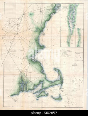 . Skizze einer erweist die progressof theSurvey in Abschnitt Nr. 1 von 1844 bis 1873. Englisch: Ein außergewöhnliches Beispiel für die 1873 Fortschritte nautische US-Küstenwache Chart für Massachusetts und Maine. Deckt die Küste von narraganset Bucht im Osten (Rhode Island) Vergangenheit Martha's Vineyard und Nantucket dann nördlich bis Cape Cod, Boston Harbor, Cape Anne, Portsmith (New Hampshire) und Portland, Maine. Umfasst die Vorsehung, Provincetown, Boston, Portsmith, und Portland. Zeigt triangulation Punkte während der Regionen sowie alle großen Inseln, Flüssen und Buchten. Leuchttürme, Häfen, Städte, Beac Stockfoto