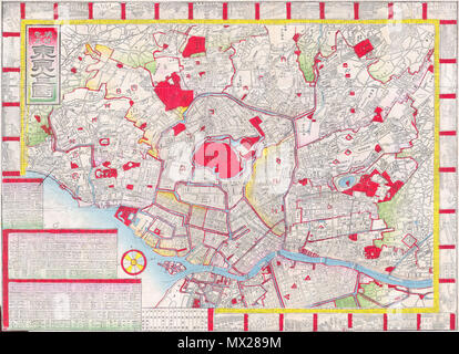 . Tokio. Englisch: Diese außergewöhnliche Karte ist eine handkolorierte Meiji-periode Holzschnitt Darstellung von Tokio. Im späten 19. Jahrhundert Japanischer Holzschnitt Stil produziert, diese Karte ist eine seltene Kombination von praktischen und dekorativen. Bietet eine Fülle von Informationen aus dem Holzschnitt Gravuren der Landschaft, Städte und Orte, um praktische geographische, physische und politische Informationen. Lebendige hand Farbe. Ein schönes Beispiel von der Meiji Periode der japanischen Kartographie. . 1880 10 1880 japanischen Meiji Holzschnitt Karte von Tokyo (EDO)-Geographicus - Tokio - meiji-1880 Stockfoto