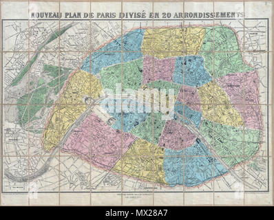 . Nouveau Plan de Paris Divise en 20 Arrondissements. Englisch: Eine äußerst attraktive 1881 dekorative pocket Karte von Paris in 20 Arrondissements der französischen Herausgeber Theodore Lefevre. Deckt die alte Stadtmauer von Paris und der umliegenden Gebiete einschließlich des Bois de Boulogne. Auf dem touristischen Markt ausgerichtet, diese Karte Hinweise alle Straßen, Parks, Eisenbahnen, und zahlreiche wichtige Gebäude und Denkmäler. Hand in eine attraktive Palette von Pastelltönen gefärbt. . 1881 (veraltet) 10 1881 Lefevre Pocket Karte oder Plan von Paris, Frankreich, Geographicus - Paris - lefevre-1881 Stockfoto