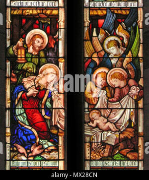 . Englisch: St John's Kirche Angliican, Darlinghurst Sydney, die Geburt Christi von Clayton und Bell, England, auf Deutschen Gravur. Datum: 1875-80? Dieses Bild ist ein Verbund von drei Bildern, die ersten melden Sie sich über die Krippe und das zweite, das unter die Köpfe der Heiligen Drei Könige (die untersten Abschnitt ist von schlechter Qualität). Die äußeren Grenzen haben sich verdunkelt worden. . Unbekannt 577 StJohns Krippe Clayton und Bell Stockfoto