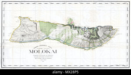 . Hawaiische Regierung Übersicht. Molokai. Englisch: Diese seltene und außergewöhnliche 1897 Karte der Insel Molokai, in der hawaiianischen Gruppe, wurde für das Jahr 1906 Bericht des Gouverneurs des Gebietes von Hawaii zu den Staatssekretär des Innern vorbereitet. Obwohl die kartographische Arbeiten, dass diese Karte hergestellt wurde 1878 begonnen, während der hawaiischen Monarchie, die Karte selbst, und der Bericht, den es enthielt, wurde erteilt, der Annexion der US-Regierung 1898 der hawaiischen Republik. Der Bericht war ein Versuch zu bewerten und die neu geschaffenen Möglichkeiten der hawaiischen Gebiet prüfen, für die ordnungsgemäße Administr Stockfoto