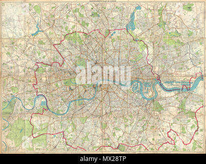 . Londoner Feuerwehr anweisenden Karte. - Bartholomew's Plan von London. Englisch: Eine enorm proportioniert und sehr ungewöhnliche Karte von London, England vorbereitet von John Bartholomew. Deckt die gesamte Stadt von London aus Kenton im Nordwesten, der Richmond Park im Südwesten, zum Krankenhaus Hügel im Nordosten und Longlands im Südosten. Bietet außergewöhnliche Detail frei Kennzeichnung einzelner Gebäude, Straßen und Wasserwege in London. Als "Londoner Feuerwehr anweisenden Map" mit der Fläche von London durch die Feuerwehren in rot umrandeten patrouillierten vorbereitet. Wahrscheinlich nicht orig Stockfoto