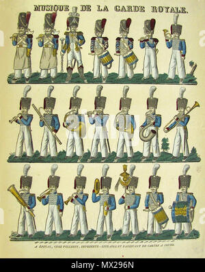 . Français: Musique de la garde Royale, Restauration. L'Instrumentation ein évolué avec 2 Pauken, une grosse Caisse, une Caisse roulante, des cymbales, un chapeau Chinois les Percussions et Flûtes, Klarinette, hautbois, trompette, Posaune, Cors, Kornett, Basson, ophicléide, Schlange gießen. Vom 3. Dezember 2013, 16:01:03. Die Firma Imagerie Pellerin, Epinal. 434 Musique de la garde Royale, Restauration. Stockfoto