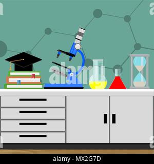 Die biologische Wissenschaft Experiment, Arbeitsplatz mit Geschirr, Biotechnologie und Medizin, chemisches Laboratorium, Vektor, Abbildung Stock Vektor