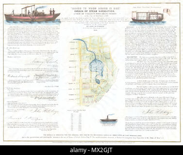 . Ehre, wem Ehre gebührt "Ursprung der Dampfschifffahrt. Eine Ansicht von Teich sammeln und seine Nähe in der Stadt New York im Jahre 1793". Englisch: Eine äußerst knappe 1846 Breitseite ausgestellt von John Hutchings das Bewusstsein von John Fitch als Pionier der Dampfschifffahrt zu fördern. Fitch war ein Instrumentenbauer im späteren Teil des 18. Jahrhunderts arbeiten. Als einer der ersten Pioniere der Dampfschifffahrt, Fitch getestet Mehrere Dampfschiffe auf dem Delaware River zwischen 1785 und 1788. Einer von diesen, die Ausdauer, ist in der rechten oberen Quadranten mit diesem Blatt dargestellt. Real Fitch Erfolg, jedoch trat ein Stockfoto