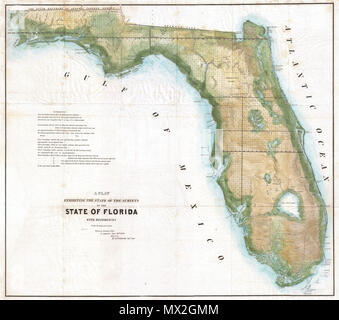 . Eine Plat, die den Zustand der Erhebungen im Staat Florida mit Referenzen. Englisch: Eine äußerst seltene Variante der Landesvermessung Karte 1849 von Florida. Geographisch diese Karte entspricht dem 1848 Butler Ausgabe dieser Karte, aber trägt die Putnam Impressum und 1849 Datum Überdrucken zu einem früheren Zeitpunkt vom Oktober und der Butler Impressum. Damit diese Karte wurde wahrscheinlich kurz nach dem Übergang von Butler zu Putnam im Büro der Surveyor allgemein, noch bevor Putnam in der Lage war, seine eigenen Karten erstellen. Diese Karte stellt den Zustand der Landesvermessung in Florida als o Stockfoto