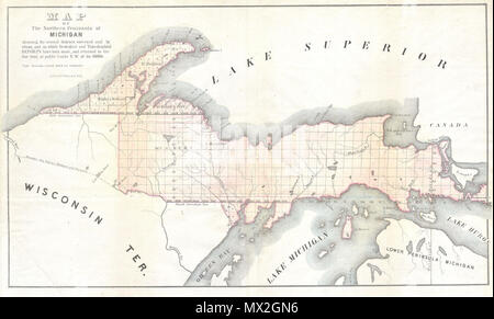 . Der Oberen Halbinsel von Michigan. Englisch: Dies ist in ungewöhnlichen Allgemeines Land Übersichtskarte der nördlichen Halbinsel von Michigan. Bietet erhebliche dekorative und topografische Details für eine GLS-Karte. Kleine Dampf schiff dargestellt von Manitou Insel. Von Weber und Balto. . 1849 7 1849 Land Übersichtskarte der Oberen Halbinsel von Michigan - Geographicus - Michigan - LS-1850 Stockfoto