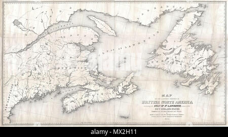 . Karte des östlichen Teil des Britischen Nordamerika einschließlich der Golf von St. Lawrence, und ein Teil der Neu England Staaten von den neuesten Umfragen und Charts zusammengestellt, von Henry F. Perley für den Bericht aus Israel D. Andrews, Hon. Thomas Corwin, Sekretär des Fiskus. Englisch: eine Karte des kanadischen Atlantik Provinzen New Brunswick, Nova Scotia, Neufundland und Prince Edwards Insel. Enthält auch viel von Quebec und Teile von New York und New England. Zeigt von Quebec City und der Mündung des St. Lawrence River in Richtung der atlantischen Provinzen. Bietet einen herrlichen Detail mit Re Stockfoto