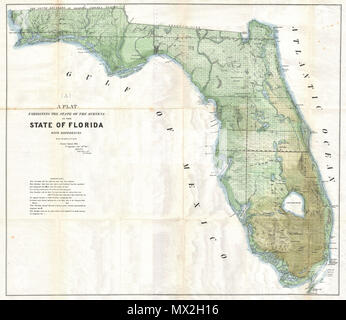 . (A) eine Plat, die den Zustand der Erhebungen im Staat Florida mit Referenzen. Englisch: Ein außergewöhnliches Beispiel für die Landvermessung Karte 1853 von Florida. Diese Karte stellt den Zustand der Landesvermessung in Florida zum 30. September 1853. Zeigt den Zustand in mehrere Hundert nummerierten plats, von denen einige mit einem "S" zu, dass Sie vollständig durchgeführt worden war gekennzeichnet sind aufgeteilt und einige mit einem "T", was darauf hindeutet, dass Sie nur äußerlich befragt worden waren. Labels mehrere wichtige Seminole Krieg Bassinger Forts einschließlich Fort, Fort, Fort, Fort Thompson Beynaud, Fort Adams, und andere Stockfoto