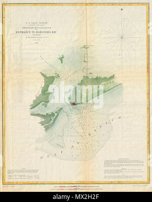 . Vorläufige Aufklärung der Eintritt in Barataria Bay, Louisiana. Deutsch: Dies ist ein attraktives 1853 U.S. Coast Survey Chart oder nautische Karte oder Barataria Bay, Louisiana. Abdeckungen von Grand Isle und Bayou Rigaud ostwärts Vergangenheit Fort Livingston und Forstall der Plantage. Erstreckt sich nach Norden Vergangenheit Bettelmönch Insel die Unabhängigkeit der Insel und die Bucht aux Chats. Enthalten sind Hinweise auf die Gezeiten in der unteren linken Quadranten und segelanweisungen in der unteren rechten. Barataria Bay, südlich von New Orleans, ist Teil der Reihe von Sümpfen, Schächte und Kanäle, die den Mississippi River Delta. In Stockfoto