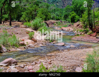 Blick über einen kleinen gewundenen Fluss mit Red Rock Banken und helle grüne Bäume. Stockfoto