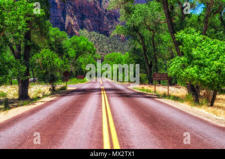 Den Blick von der Straße mit einem gelben Linien, grünen Bäumen auf beiden Seiten. Stockfoto