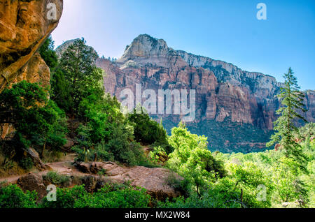 Blick auf Zion National Park von der Costa Smeralda Umfrage Trail, hohe Berge und Bäume unter klaren Himmel. Stockfoto