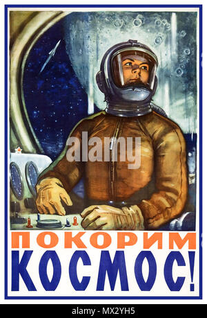 1960 weibliche Astronauten Kosmonaut Vintage sowjetische Propaganda Poster UDSSR Weltraumforschung Plakat aus den 60er Jahren mit einem weiblichen Astronaut...' erobern Platz!" Stockfoto