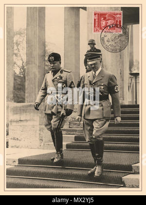 HITLER MUSSOLINI BERLIN 1938 Vintage politische Propaganda Postkarte 28 September 1937 Berlin Deutschland italienische Marktführer und Diktator Benito Mussolini mit der deutschen Kanzlerin und NS-Führer Adolf Hitler Stockfoto