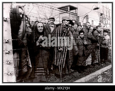 1940 Holocaust WW2 Nazis Konzentrationslager Auschwitz-Birkenau. Männliche Gefangene hinter Stacheldraht elektrifiziert bei eisigen Gefängnis statt beengt erniedrigenden unmenschlichen Bedingungen. Dieses düstere emotionslos Bild wurde durch ihre Befreier 1945 aufgenommen. Mehr als 1,1 Millionen Menschen starben in Auschwitz, darunter fast eine Million Juden. Diejenigen, die nicht direkt mit Gaskammern geschickt wurden zu harten Zwangsarbeit verurteilt. Das Konzentrationslager Auschwitz Komplex war entscheidend für die Durchführung der NS-Plan für die "endgültigen Lösung." Auschwitz seine Spuren hinterlassen als einer der berüchtigsten Vernichtungslager des Zweiten Weltkriegs Stockfoto