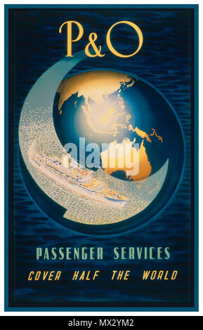 Vintage Travel poster Lithographie 1950 Cruise Liner Dampf Schiff 'P&O Passenger Services decken die Hälfte der Welt" durch die Carrington Birke für renommierten P&O-Reederei entwickelt Stockfoto