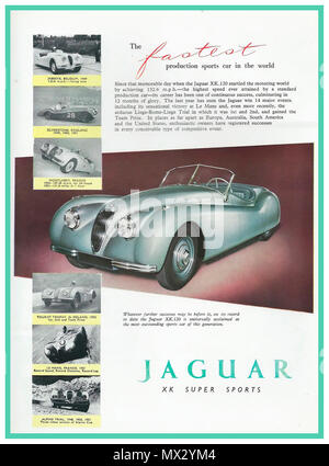 1950 Vintage Werbung für Jaguar XK 120 Super Sportwagen" Die schnellste Produktion Sportwagen der Welt Sieger bei 24 Stunden von Le Mans Das beste Auto seiner Generation entwickelt und in Großbritannien Großbritannien gebaut Stockfoto