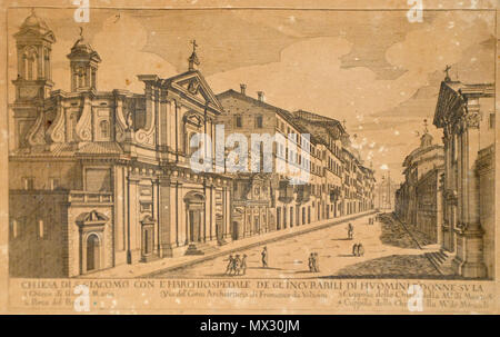 . Italiano: Chiesa di S. Giacomo con l'harchiospedale de glincvrabili di homini Donne SV LA Via del Corso Achitectura di Francesco da Volterra. 1. Chiesa di Gesue Maria 2. Porta del Popolo 3. Kuppel della Chiesa della M. di Monte S. 4. Kuppel della Chiesa della M. de Miraccoli Speicherort des Bildes: Jardins d'Alfàbia. Wahrscheinlich dazwischen 1700-1800. Unbekannt 127 Chiesa di S. Giacomo Stockfoto