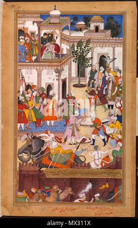 . Die Einreichung der rebellischen Brüder Ali Quli Khan Zaman und Bahadur Khan zu Akbar in Karah, 1561 von der Akbarnama. Die Einreichung der rebellischen Brüder Ali Quli Khan Zaman und Bahadur Khan zu Akbar in Karah, 1561. ca. 1590-95 5 1561 - die Einreichung der rebellischen Brüder Ali Quli und Bahadur Khan-Akbarnama Stockfoto