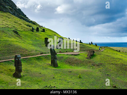 Unfertig und verlassenen Moai Köpfe, Rano Raraku Steinbruch, Osterinsel, Rapa Nui, Chile Stockfoto