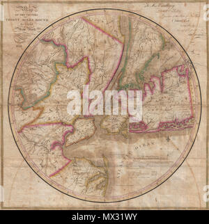 . Karte des Landes 30 Meilen rund um die Stadt New York. Englisch: Wie der Eddy Karte, das ist eine extrem seltene und wichtige Rundschreiben Karte von New York City und Umgebung, datiert 1823 bekannt. Deckt die New York City Bereich in etwa dreißig Meilen von Manhattan, Ausweitung der Norden nach Tarrytown, südlich von Monmouth, West Somerset, und von Ost nach Suffolk County. Isaac schürt, in seinem 1928 Klassiker auf die Ikonographie von Manhattan, ruft diese Karte die vollständige, genaue und schöne Early gravierte Karten mit New York und Umgebung. Es wird auch festgehalten, dass Thomas Jefferson Co gehalten Stockfoto