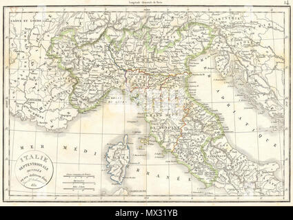 . Italie Septentrionale Divisee en ses Unterschied Etats. Englisch: Diese Hand farbigen Karte ist eine Kupferplatte Gravur, dating bis 1832 von dem bekannten französischen mapmaker Delamarche. Es ist eine Darstellung des nördlichen Italien und Korsika. . 1832 7 1832 Delamarche Karte von Nord Italien und Korsika - Geographicus - ItalyN-d-32 Stockfoto