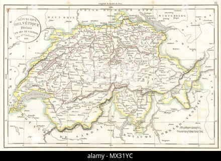 . Republique Helvetique Divisee en ses 22 Kantonen. Englisch: Diese Hand farbigen Karte ist eine Kupferplatte Gravur, dating bis 1832 von dem bekannten französischen mapmaker Delamarche. Es ist eine Vertretung der Schweiz. . 1832 7 1832 Delamarche Karte der Schweiz - Geographicus - Schweiz - d-32 Stockfoto