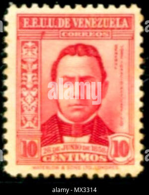 . Español: 80 aniversario de la impresión de La primera estampilla Post venezolana año 1939. Impresa por Waterlow & Sons, Londres. Perforacion 12 1/2. Nº de catálogo* según Aurelio Blanco: 338 Blanco, Aurelio. 2009: Venezuela Catálogo especializado de estampillas. Caracas. 183 s. ISBN 980-300 -176-0. 1939. Correo de Venezuela (1939) 13 1939-80 - aniv-de-la-Primera-estampilla-10-Cent-Scott-n-348 Stockfoto