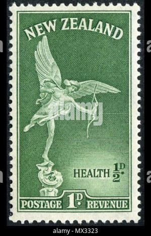 . Englisch: Neuseeland Briefmarke mit Anteros (einer der erotes) von einer Skulptur, die das Shaftesbury Memorial Fountain in London überwindet. Von James Berry entworfen und von Waterlow & Söhne Gmbh gedruckt und durch Neuseeland am 1. Oktober 1947 erteilt. 1. Oktober 1947. Waterlow & Sons Ltd 13 1947 NZ Gesundheit grüne Stempel, 01. Stockfoto