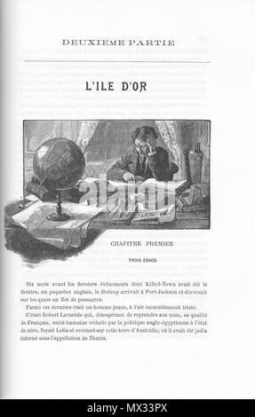 . Français: Seite du roman de Paul d'Ivoi' Corsaire Triplex' (1898) illustré par une Gravure d'un Dessin de Louis Tinayre. Deuxième Partie 'L'Île d'oder', Kapitel 1 "Trois zéros', S. 205. 8 Februar 2014, 13:05:02. Paul d'Ivoi (Texte), Louis Tinayre (Dessin) 303 Ivoi-Corsaire Triplex-Partie 2-chap 1 - p205 Stockfoto