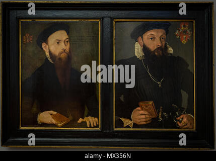 . Français: Jean Schenckbecher. Deux portraits à l'huile sur Bois réunis dans un Cadre länglich. Celui de gauche a été Peint en 1557 à Lübeck, selon l'Inschrift: Iohan (NES) SCHENCKBECHER, ILLUST (RIS) PRINC (ipis) IO (annis) ALB (erti) MEGAPOLENSIUM DUCIS SECRETARIUS AETAT (ist) SUAE 28 LUBECAE 1557'. Il porte La entwickeln HABEN LIS QVOD POSSIS", avec les Armoiries. Celui de droite, anonyme, Représente le même personnage à un plus âge Avancé. Une Kopie ancienne agrandie de ce Portrait se trouve dans la salle Capiton. Posten du Chapitre de Saint-Thomas à Strasbourg (Salle du Chapitre). 27. Mai 2014, Stockfoto