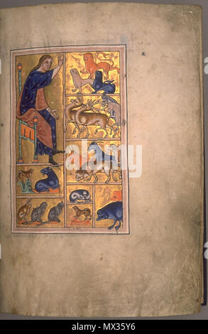 . Adam der Benennung der Tiere. Folio 5 recto vom Aberdeen Bestiary. 12. Jahrhundert 24 AberdeenBestiaryFolio 005 rAdamNamesAnimals Stockfoto