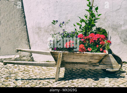 Leiterwagen mit Blumen von zu Hause in der Nähe von Kastelruth, Italien