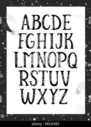 Hand Grafik font gezeichnet. Schwarz und Weiß, monochrom Alphabet. Für Typografie, Plakat, Karte und Label, Broschüre, Flyer, Seite und Banner Design. Vektor illusration. Stock Vektor