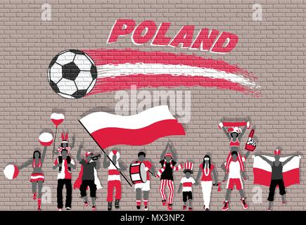 Polnische Fußball-Fans mit Polen Flagge Farben vor Fußball Graffiti. Alle Objekte sind in verschiedenen Schichten und der Text -Typen tun Stock Vektor