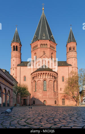 Historische Mainzer Dom nach Sonnenaufgang vor einem blauen Himmel Stockfoto