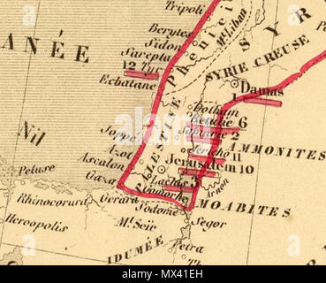 . Français: Carte de l'Empire des Perses. Pour servir à l'Intelligence des Livres d'Esdras, de Nehemias, de Tobie, de Judith, d'Ester, de Job et des Prophetes. Depuis 588 jusqu'a 536 avant J.C. Epoque ou endlichen La captivite. Dressee sous la Direction de A. Houze. (In der oberen Rand :) Atlas histque. (Et) geogque.de la Terre Sainte. Carte VIII. (Paris, Chez S. Dumenil, Editeur, rue des Beaux-Arts, 10. 1844). 1844. Antoine Philippe Houze 51 Antoine Philippe Houze. L'Empire des Perses. 1844 (F) Stockfoto