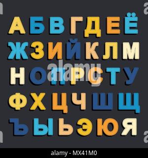 Cartoon russische Alphabet Hand zeichnen mit Schatten auf einem dunklen Hintergrund isoliert Stock Vektor
