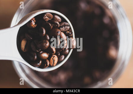 Frisch geröstete Kaffeebohnen in der Dose. Stockfoto