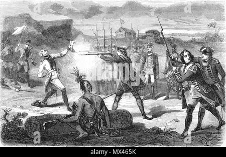 . Englisch: In diesem artist Version des Vorfalls bei Jumonville Glen, die Englische unter dem Kommando von George Washington als Ermordung die wehrlose Französische commander Jumonville in kaltem Blut dargestellt. Zeitgenössischen Darstellungen des Vorfalls sind widersprüchlich; es ist wahrscheinlicher, dass Jumonville war in der Tat von der indischen Führer tomahawked Tanaghrisson während Washington ohne Eingriff beobachtet. 18 August 2010, 22:29 (UTC). Assassinat de Jumonville.png: unbekannte Illustrator abgeleitete Arbeit: saibo (Δ) 60 Assassinat de Jumonville-2 Stockfoto