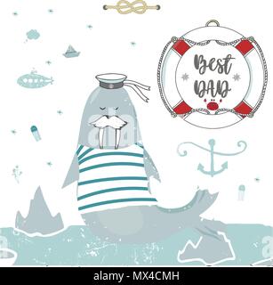 Beste Papa, Happy Vatertag, Hintergrund mit blauer Krawatte, Band und weißem T-Shirt. Grußkartenvorlage. Llustration. Stock Vektor