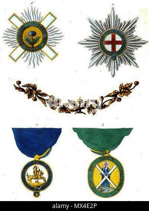 . Français: Sammlung historique des ordres de chevalerie civils et militaires... Englisch: Sammlung historischer Ritterorden zivile und militärische...: 1. Reihenfolge der Strumpfband, Abzeichen (Vereinigtes Königreich) 2. Reihenfolge der Strumpfband, Stern (Vereinigtes Königreich) 3. Reihenfolge der Distel, Abzeichen (Vereinigtes Königreich) 4. Reihenfolge der Distel, Stern (Vereinigtes Königreich) 5. Reihenfolge der Distel, Kragen (Vereinigtes Königreich). 1820 56 Aristide Michel Perrot - Sammlung historique des ordres de chevalerie civils et militaires (1820) pl. VII. Stockfoto